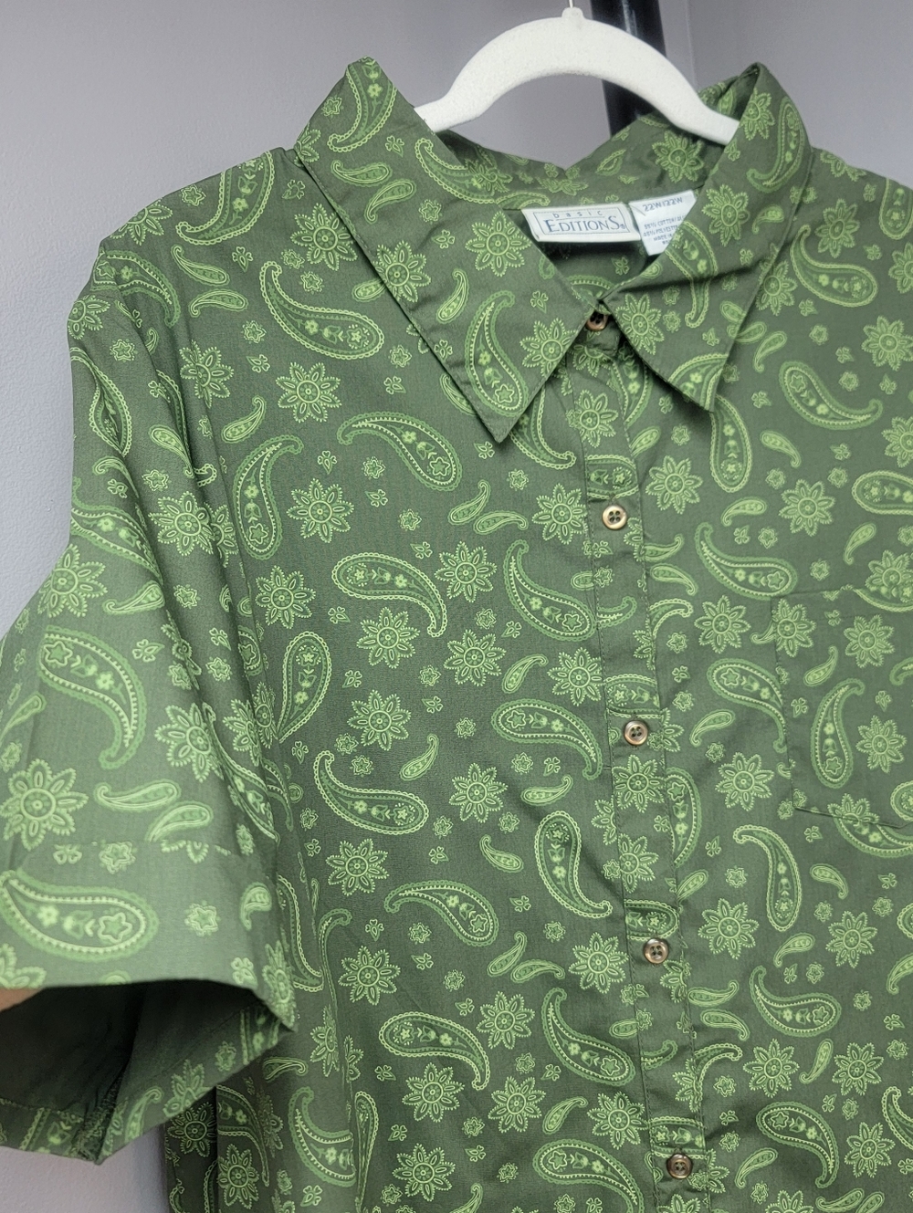 Womens Top Shirt ButtonUp Paisley Floral Green White Short Sleeve Collared Sz 22